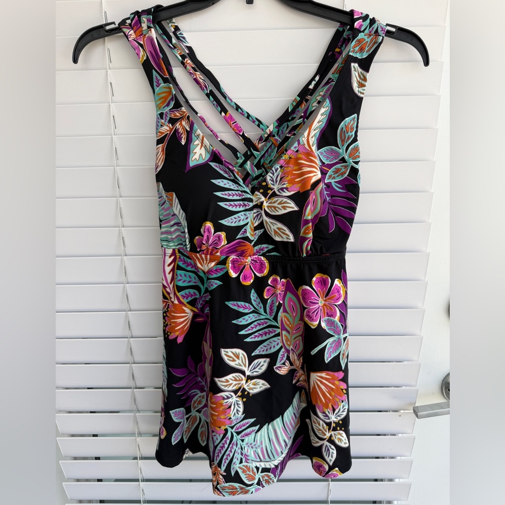 Avenue Black Floral Swim Tankini Top with Multicolor Tropical Print